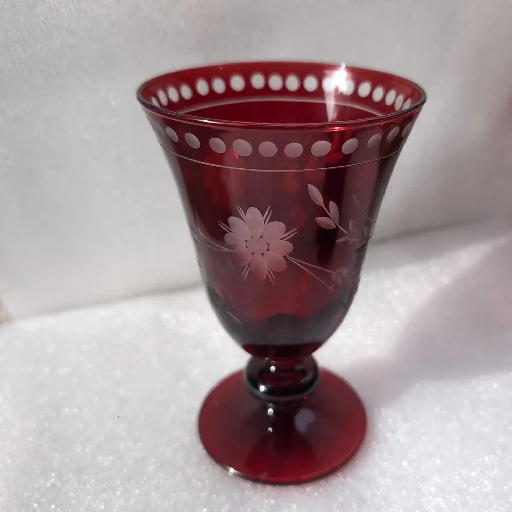 Williams Sonoma Goblet Set Ruby Red Vintage Cut to Clear Floral Glass Etched 4pc